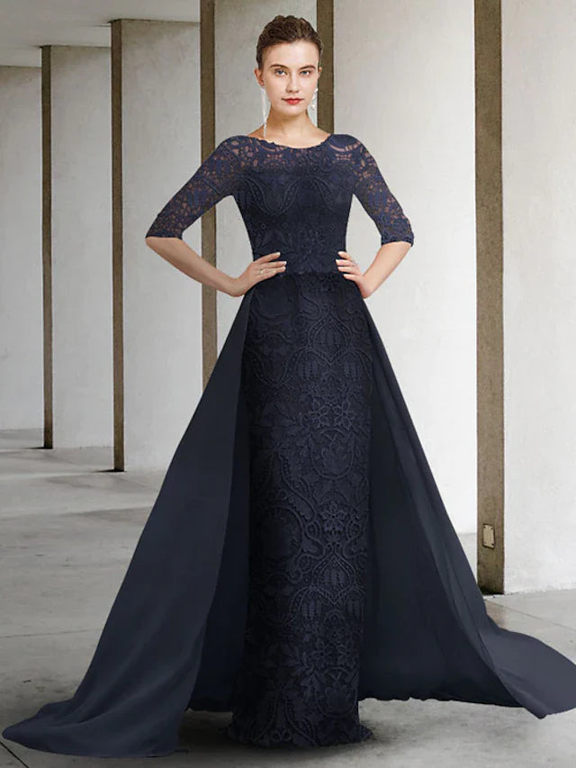 Wholesale A-Line Mother of the Bride Dress Elegant Jewel Neck Chiffon Lace Half Sleeve with Pleats